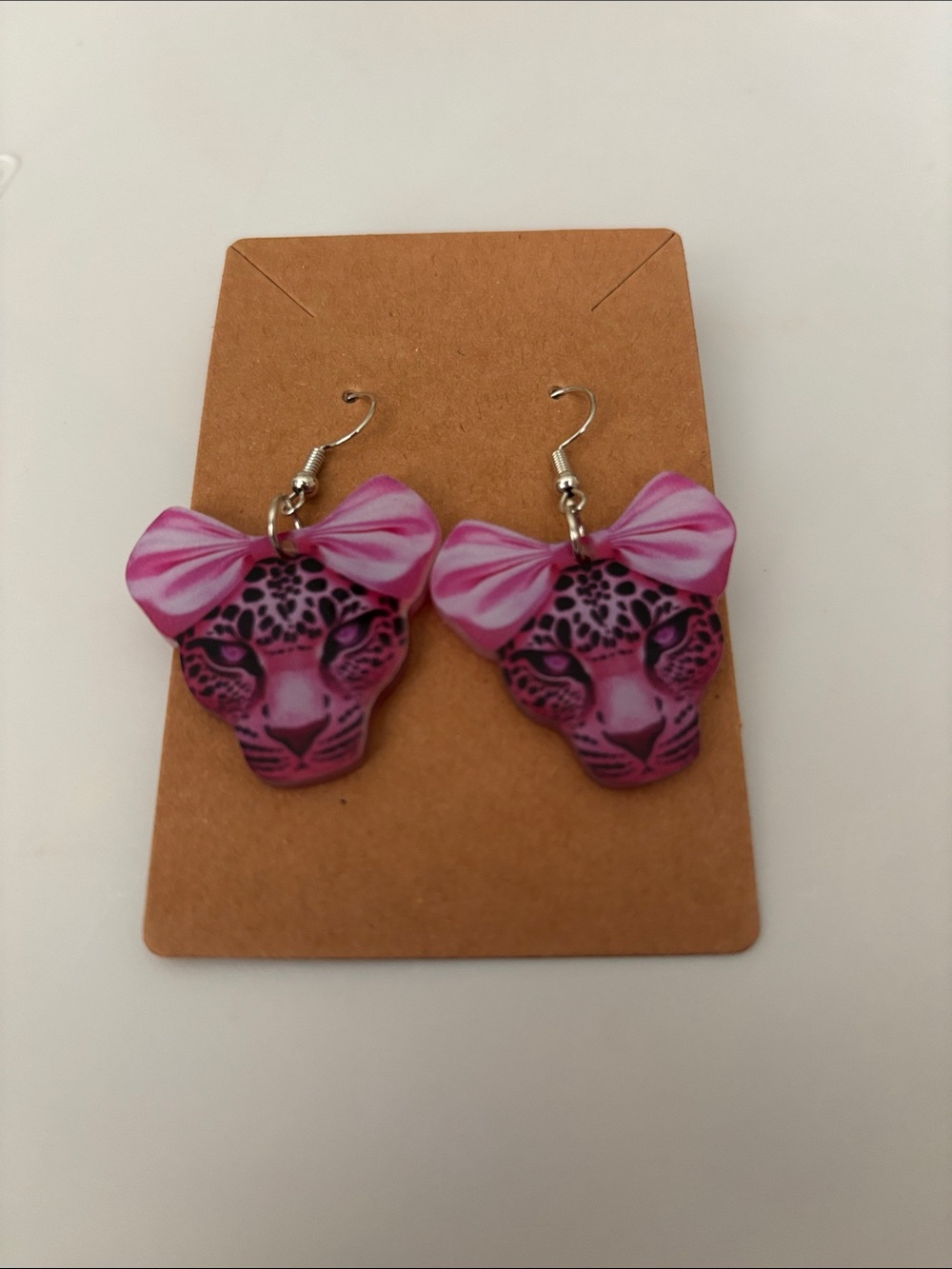 Fashion Jewelry Pink Leopard Head Drop Earrings with Bow